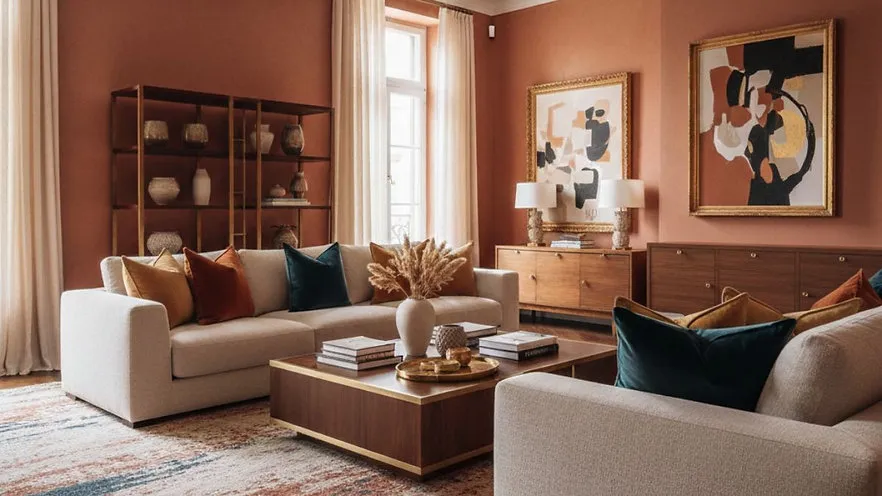 A warm room with rich terracotta walls and dark wood furniture. These earthy Living Room Paint Ideas offer a fresh new look that feels both cozy and high-end for any home.