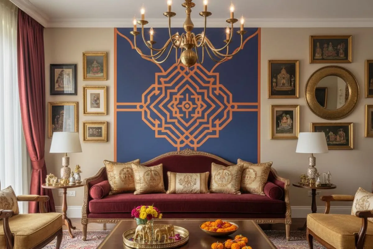 Luxurious sitting room with a deep red velvet sofa, gold accents, a large blue and orange geometric feature wall, and a brass chandelier.