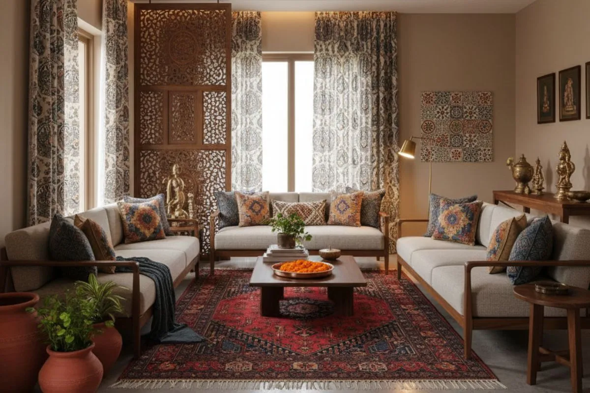 Modern seating with colorful cushions, a red rug, and carved wooden jali screen showcasing Indian Traditional Interior Designs and craftsmanship.
