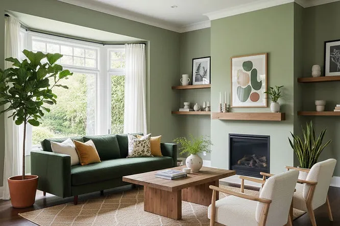A fresh space with sage green walls and a dark green sofa. These nature-inspired Living Room Paint Ideas bring a peaceful, organic feel to any home interior.