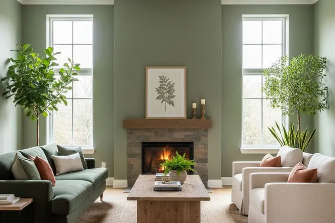 A cozy room with olive green walls surrounding a stone fireplace. Using earthy Living Room Paint Ideas is a simple way to give your living space a fresh, natural new look.