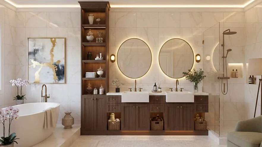 Elegant dark wood cabinets paired with warm lighting. This bathroom decor uses high-quality materials and organized shelving to create a luxury look that is durable and very simple to maintain.