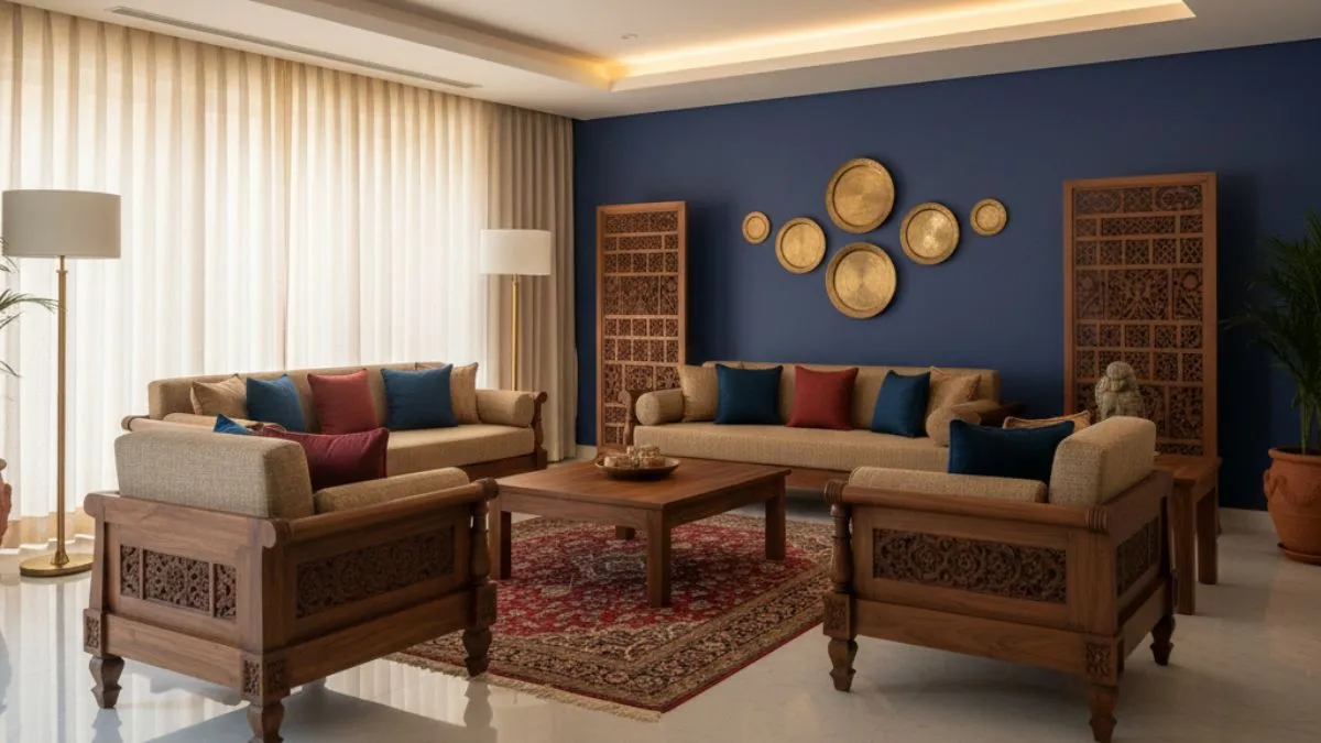 Bright living room showcasing Indian Traditional Interior Designs with carved wooden sofa set, deep blue feature wall, brass wall plates, and decorative wooden screens.