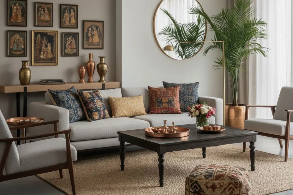 Indian Traditional Interior Designs meeting modern style: a light sofa, dark coffee table, bronze vases, and a gallery wall of framed miniature paintings