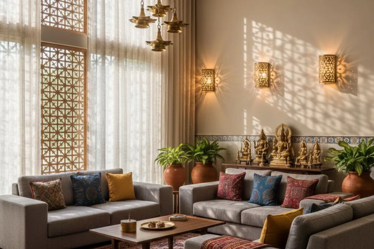 Indian Traditional Interior Designs living room with modern sofas, brass light fixtures, jali window screens, and a console holding brass deities.