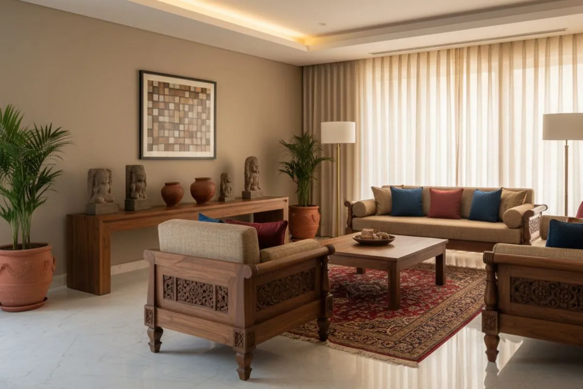 Living room showcasing carved wooden seating with Indian Traditional Interior Designs, a red rug on a marble floor, and indoor plants in terracotta pots.