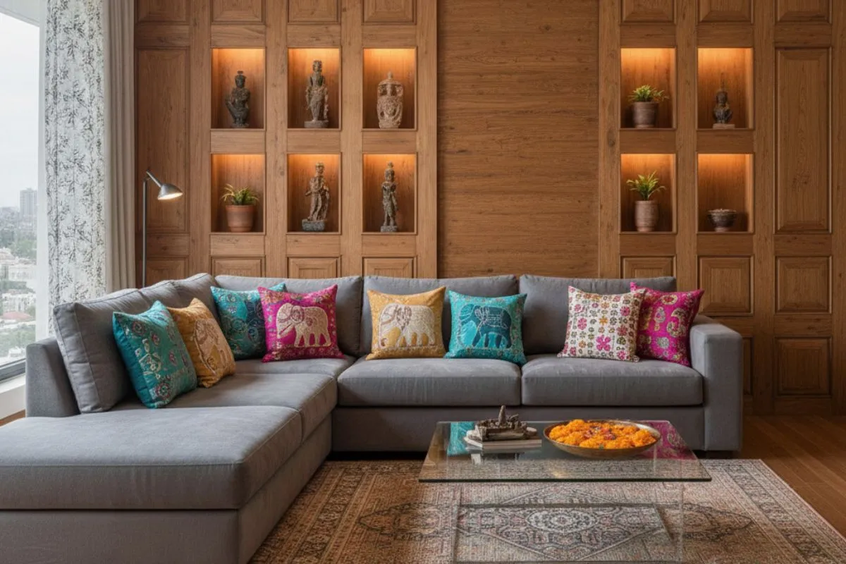 A grey sectional sofa with bright ethnic cushions in a modern living space featuring a warm wood paneled wall with lit niches for traditional Indian statues.
