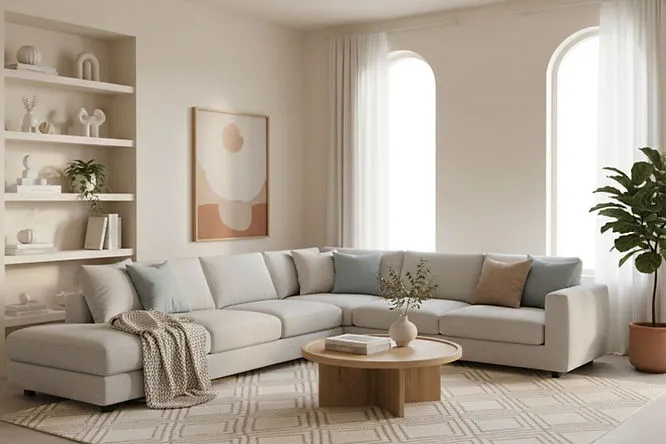 A bright room with beige walls and built-in shelves. This is one of many Living Room Paint Ideas featuring a large light gray sectional and a cozy, balanced atmosphere.