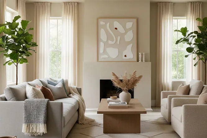 A calm living area with cream-colored walls and a minimalist fireplace. Soft neutral Living Room Paint Ideas make small spaces feel open, airy, and perfectly balanced.