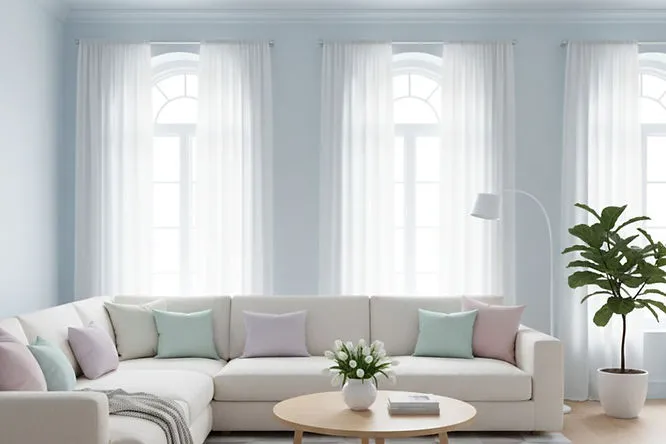 A bright, airy room with very light blue walls and tall white curtains. These pastel-based Living Room Paint Ideas are perfect for creating a clean and refreshing environment.