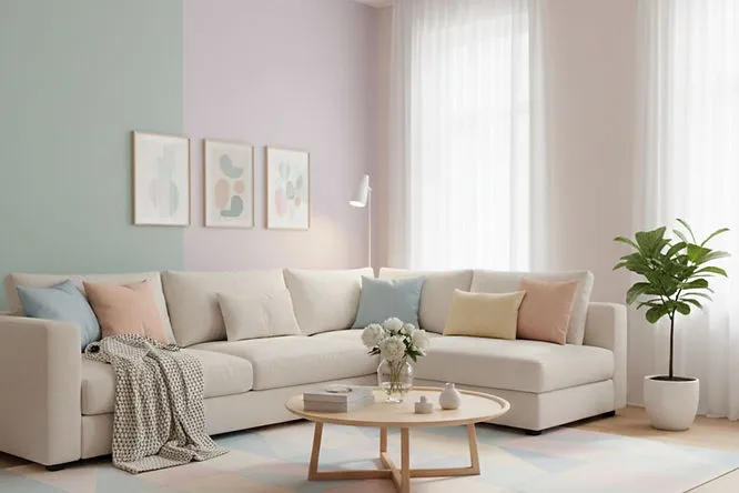 A creative space featuring a mint green and lavender color-blocked wall. These playful Living Room Paint Ideas offer a fresh, modern look that anyone can try at home.
