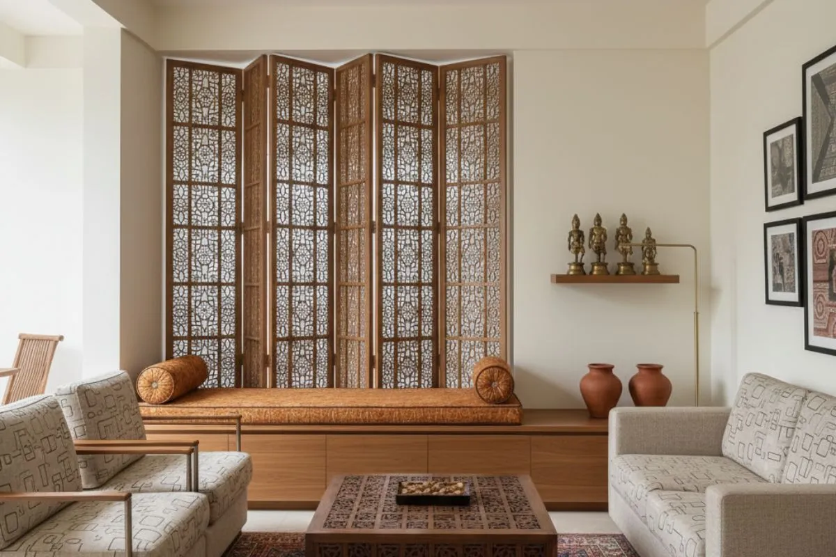 Modern seating near a window bench, accented by a beautiful carved wooden folding screen and small brass statues.