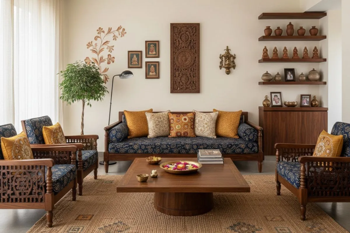 Living room with wooden seating, blue print cushions, Indian Traditional Interior Designs wood carving art, and wall shelves with terracotta decor.