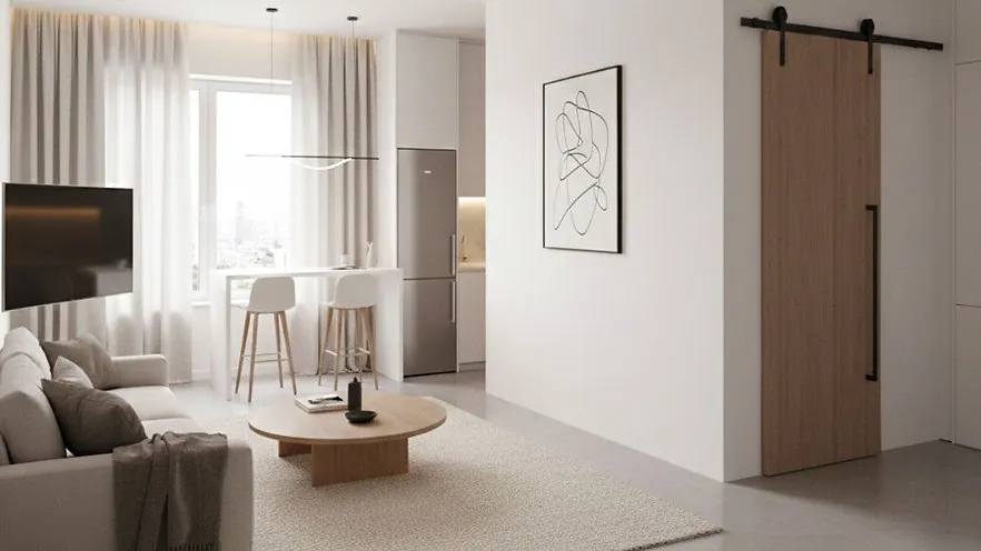 Minimalist 300sq ft home interior with white walls, a beige sofa, round coffee table, and a wooden sliding barn door.