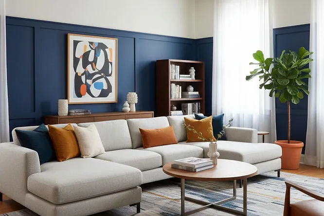 A bold room with navy blue wainscoting and white upper walls. These classic two-tone Living Room Paint Ideas add depth and a fresh, high-end feel to the seating area.