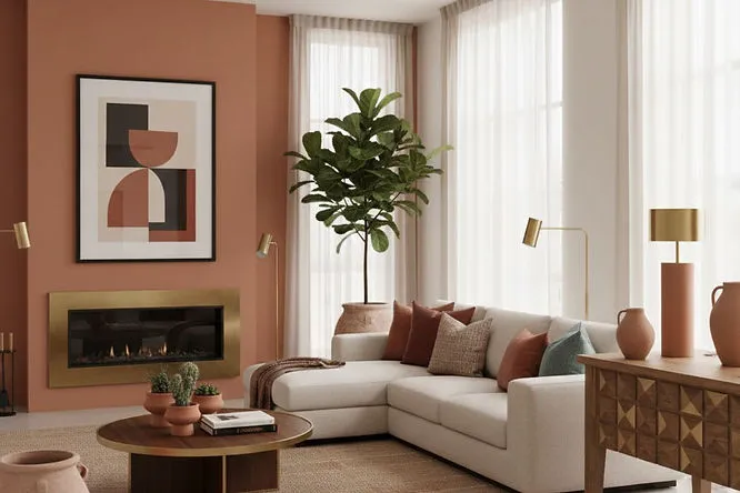 A trendy room with a burnt orange accent wall and a modern fireplace. Warm terracotta Living Room Paint Ideas provide a fresh, cozy glow and a touch of desert-inspired style.