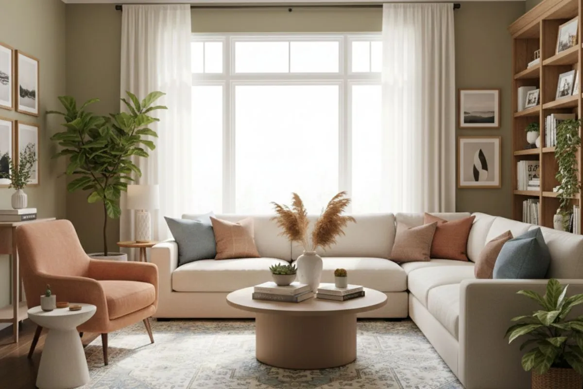 A cream sectional sofa and peach chair in a bright space. How to pick the right colour for living room with sun.
