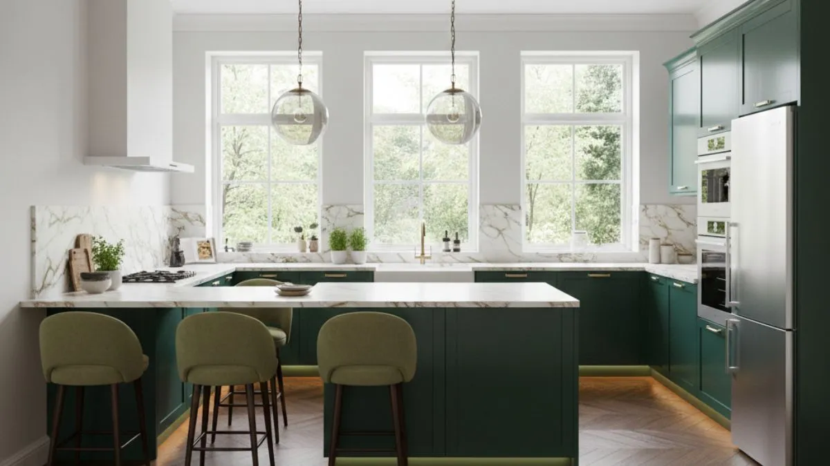 Large green kitchen with marble counters and an island. Comparing different types of kitchen helps you choose a smart, functional design that looks amazing in any modern home.