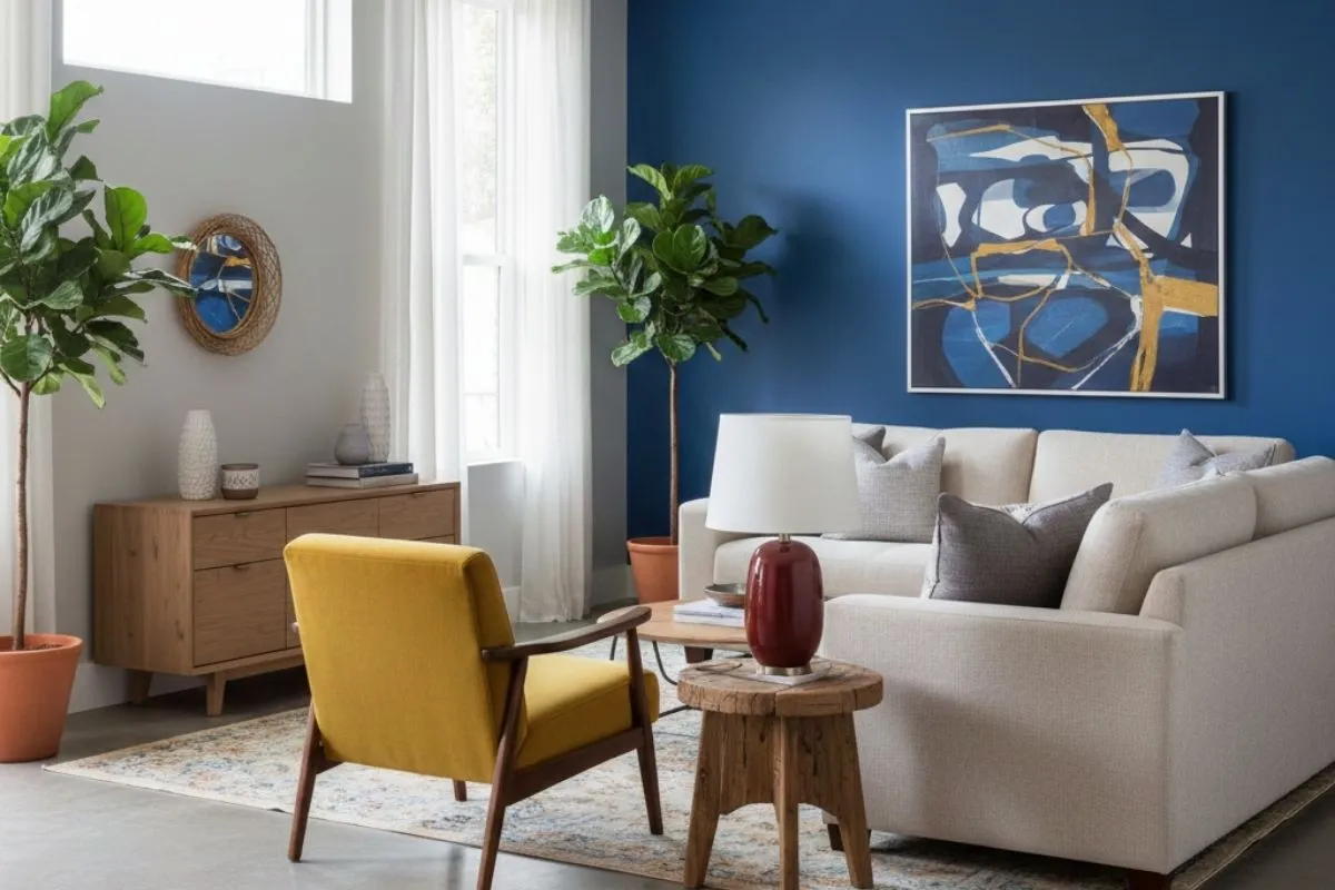 Deep blue accent wall. Use a bold Color for Home Interior with bright yellow decor.