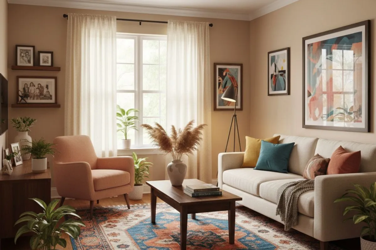 Warm beige walls with a blue rug and orange chair. How to pick the right colour for living room with soft light.