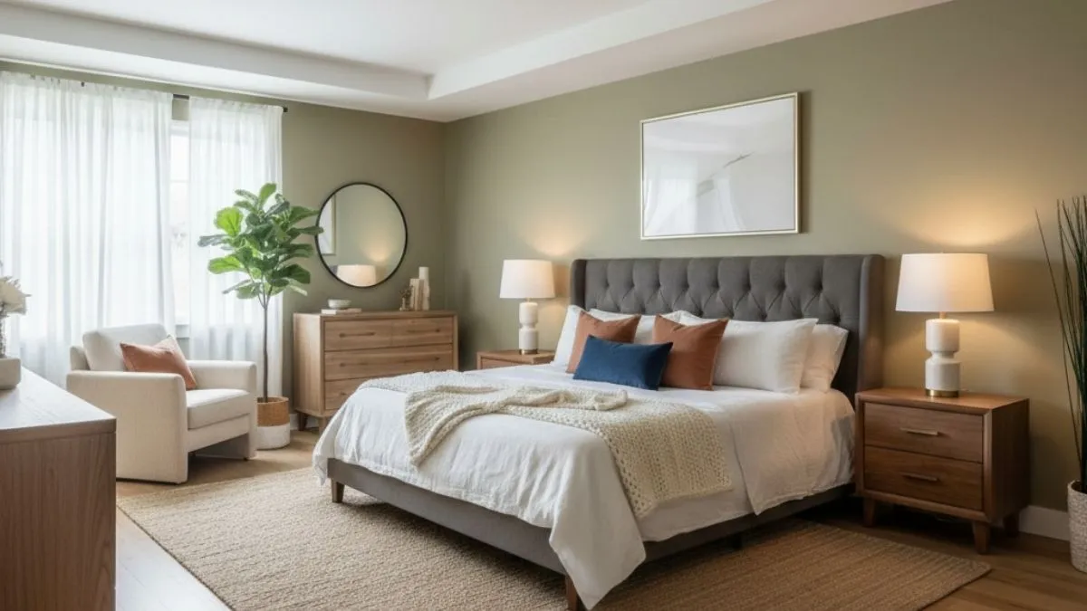 Sage green walls. Choose a calm Color for Home Interior with wood furniture.