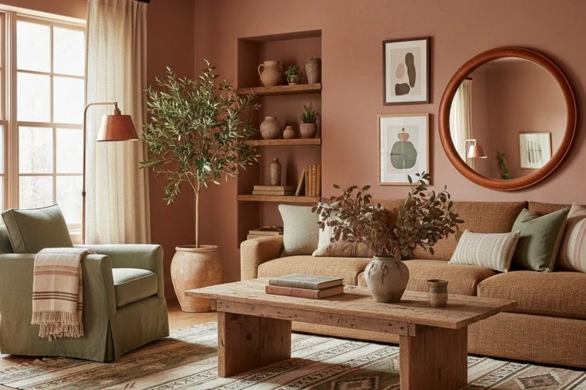 Terracotta walls. Select a warm Color for Home Interior for a cozy, natural living room.