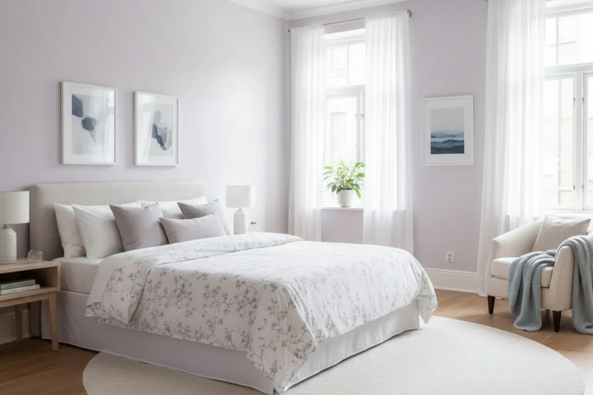 Soft lavender walls. A light Color for Home Interior creates a peaceful, airy bedroom.