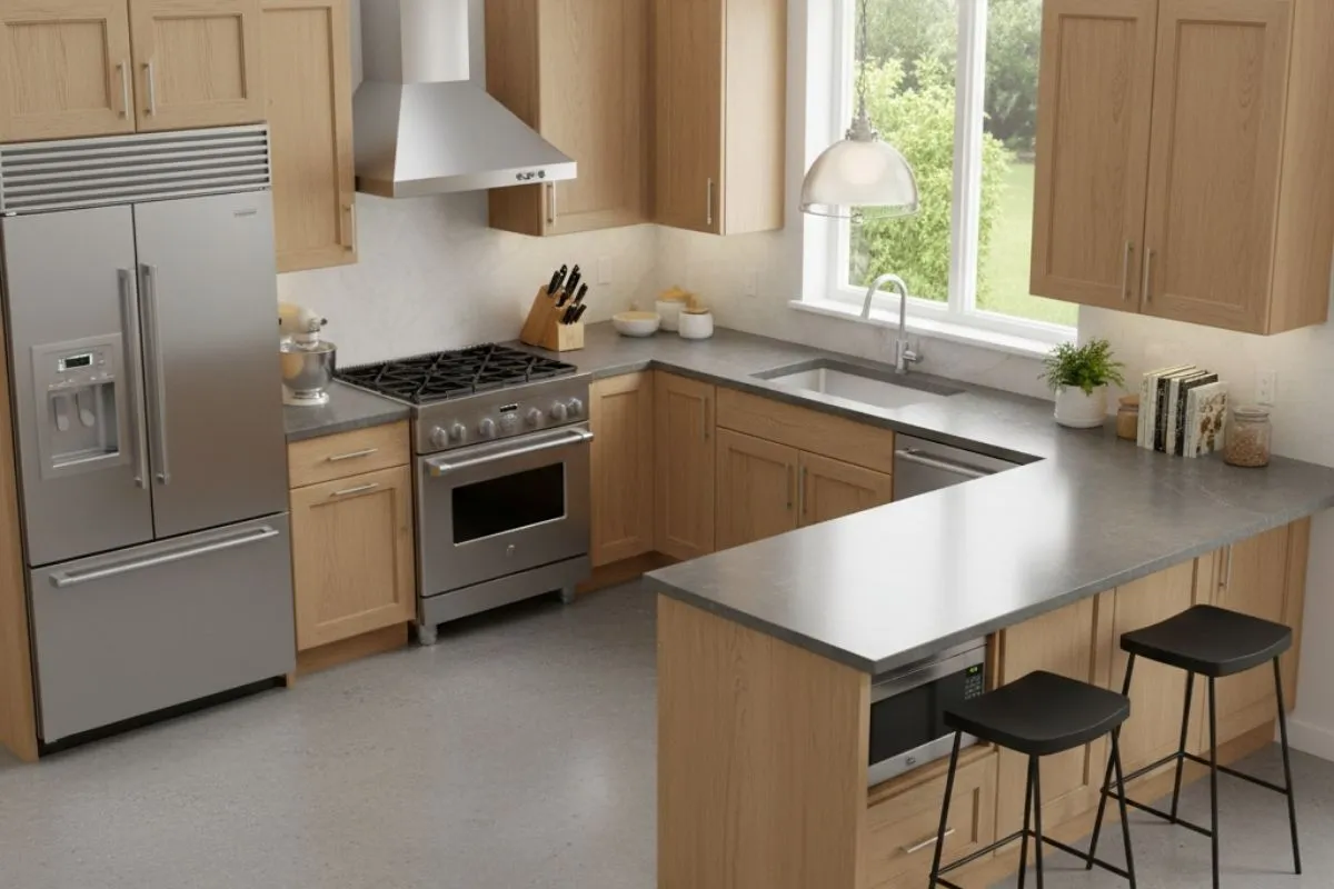 G-shaped kitchen with wood cabinets and gray counters. This is one of the smart types of kitchen layouts for modern homes, offering extra prep space with a useful peninsula.