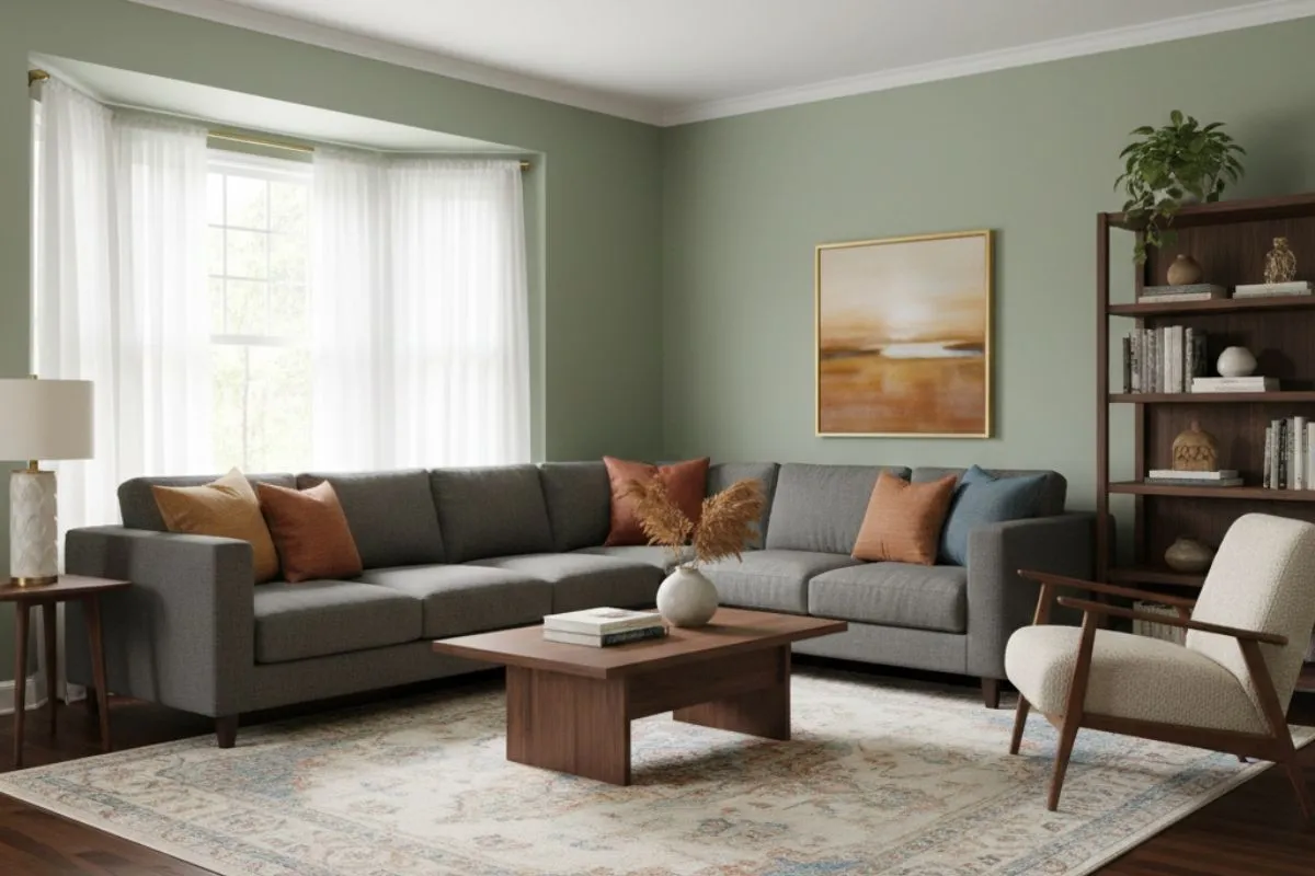 A large grey sofa against sage green walls. Learn how to pick the right colour for living room using wood furniture.