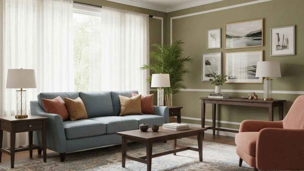 A blue sofa and olive walls with white trim. Tips on how to pick the right colour for living room with window light.