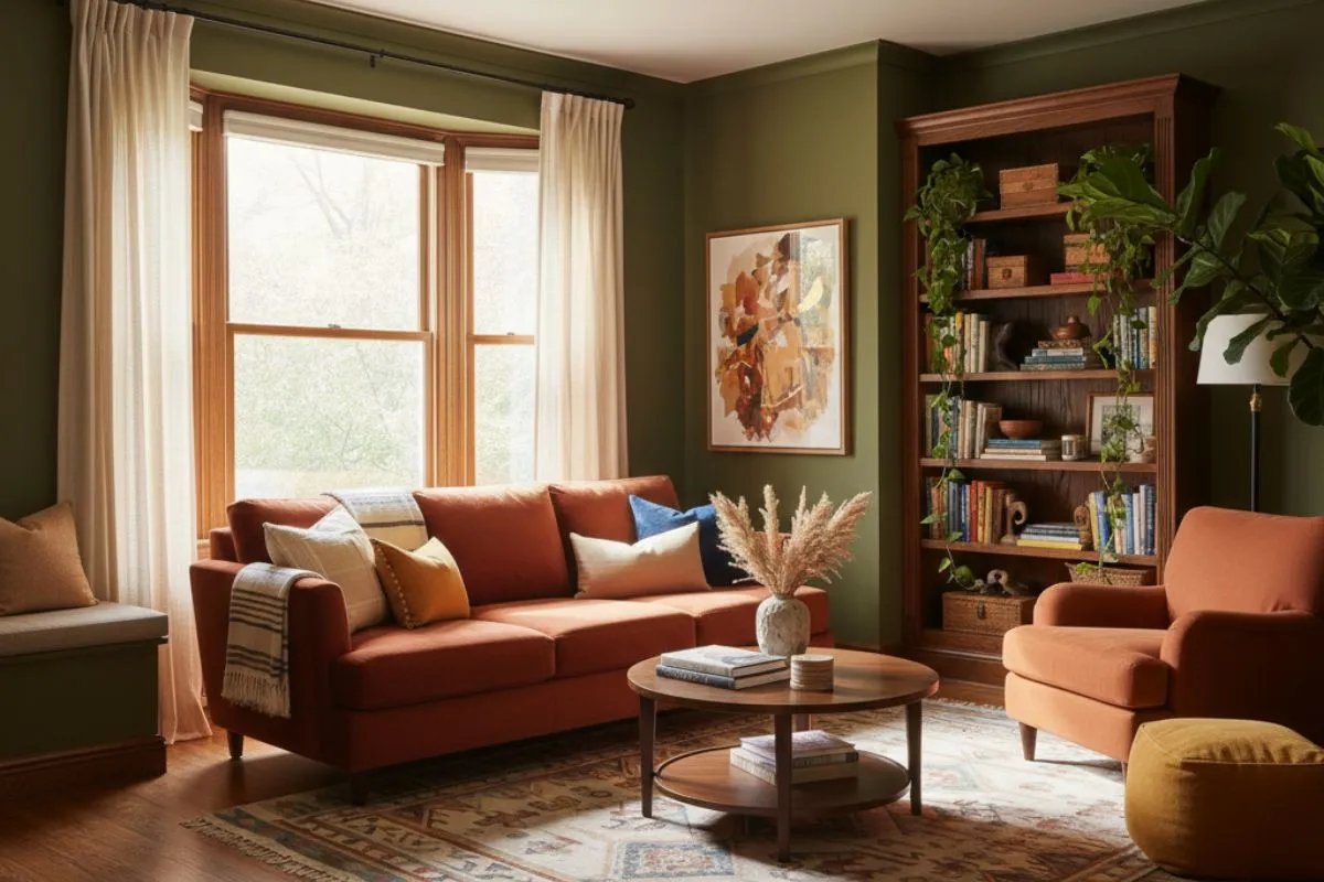 A burnt orange sofa in a dark green room. See how to pick the right colour for living room for a cozy, moody look.