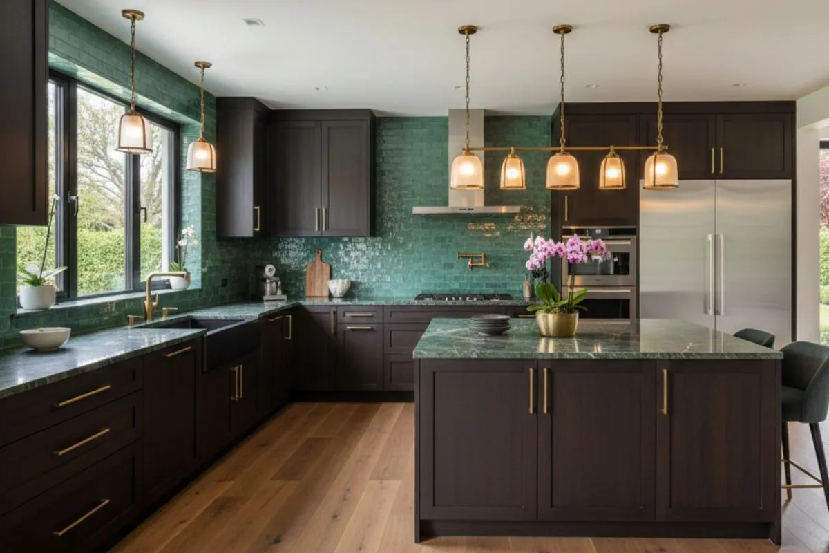 L-shaped kitchen with dark cabinets and green tile. One of the popular types of kitchen, its smart layout uses corner space perfectly for a beautiful and open modern home design.