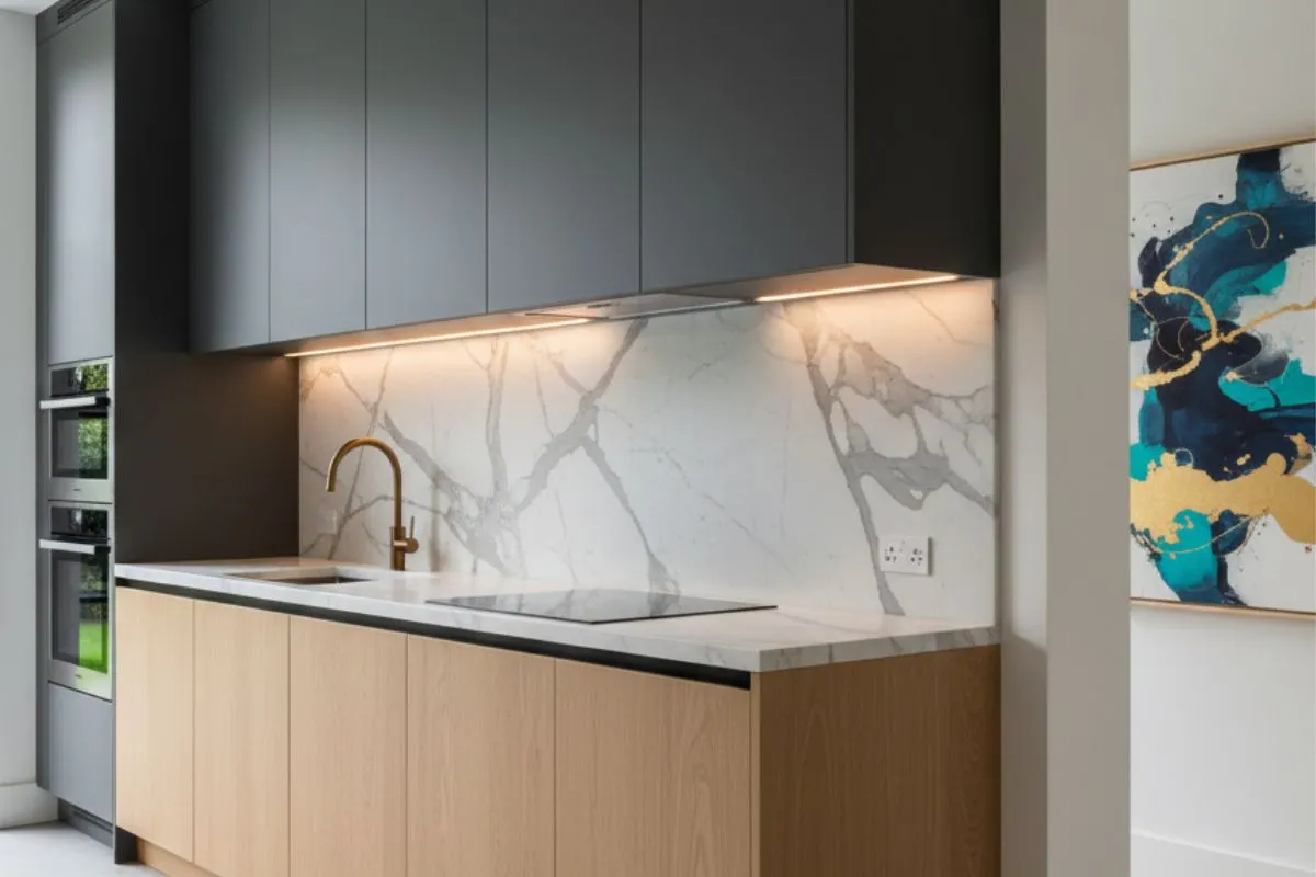 One-wall kitchen with wood and gray cabinets. This is one of the simple types of kitchen for small modern homes, using a smart, straight-line design to save space and look great.