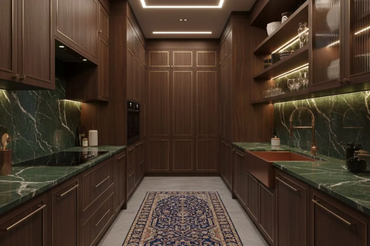 Sleek galley kitchen with dark wood and green marble. It is one of the most efficient types of kitchen for narrow spaces, offering a smart and functional design for modern homes.