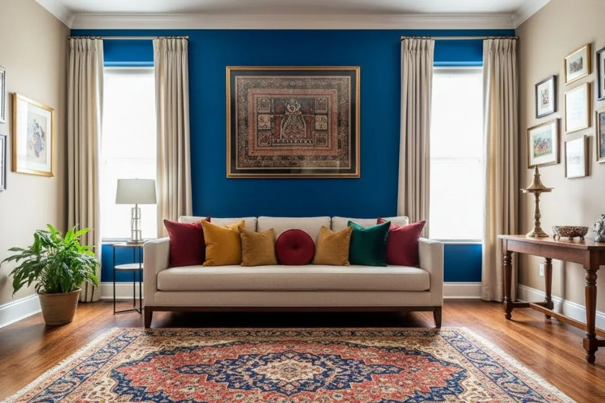 Bold blue wall. Pick a vibrant Color for Home Interior to match a patterned rug.