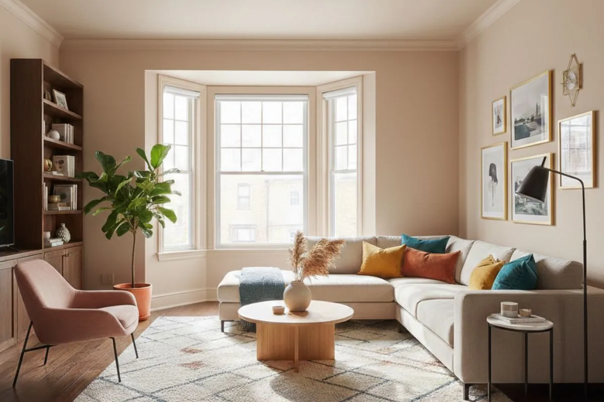 Pale peach walls and a light L-shaped sofa. How to pick the right colour for living room to make it feel very airy.