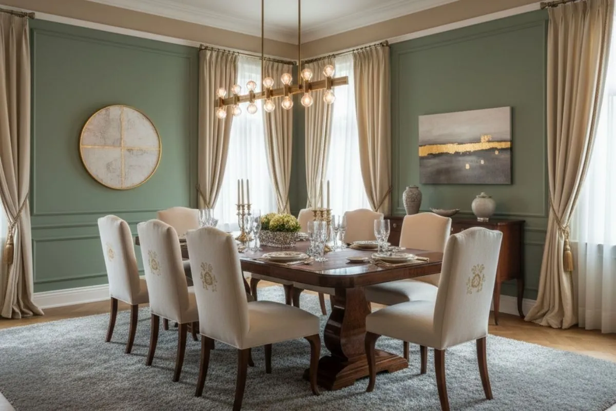 Olive green walls. Try a classic Color for Home Interior with elegant dining sets.