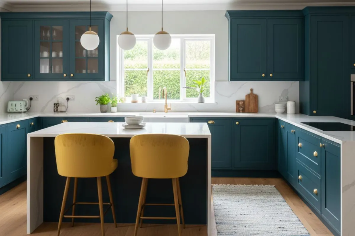U-shaped kitchen with teal cabinets and a central island. Among the best types of kitchen, this smart design provides plenty of storage and workspace for modern family homes.