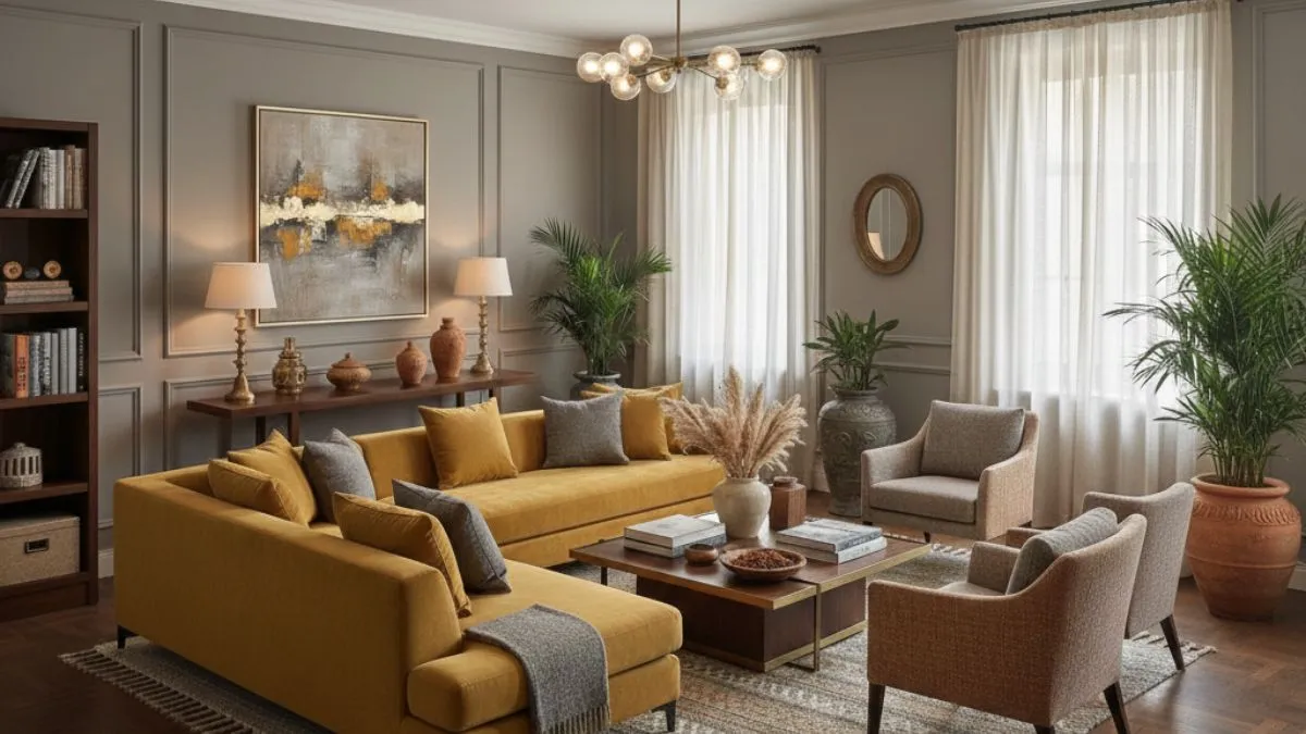 Modern living room featuring a mustard yellow sectional sofa, taupe paneled walls, and grey armchairs.