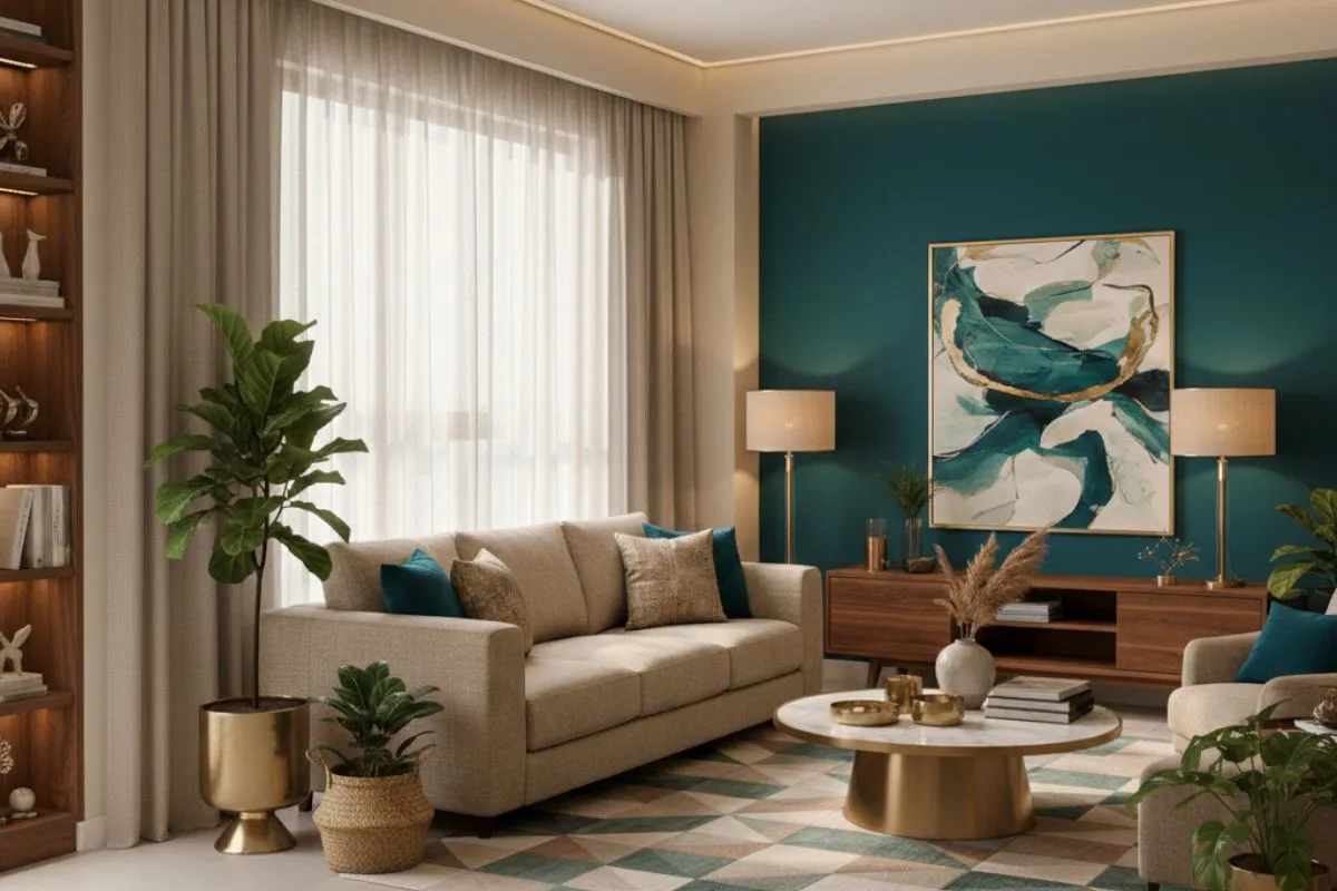 Beige and teal living room. A stylish look for modern two colour combinations with gold accents and a cozy sofa.