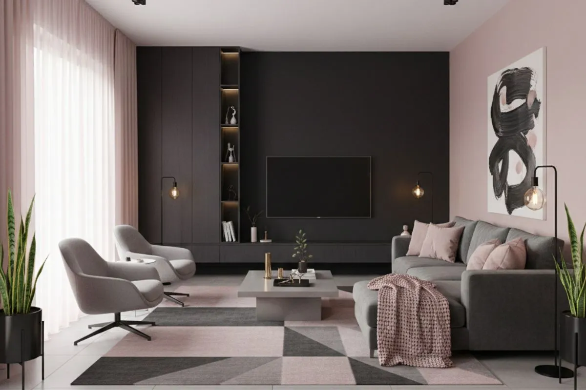 Charcoal and pink walls. Sleek modern two colour combinations featuring a dark TV wall and soft pink decor accents.