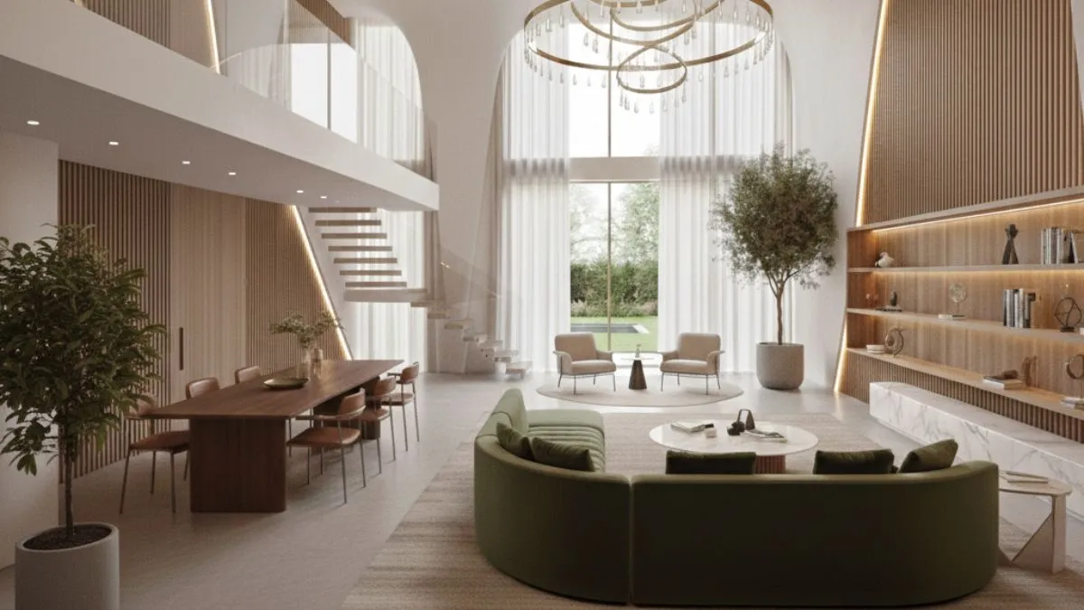 Modern duplex house interior with a curved green sofa, wood walls, and a tall tree near big windows for luxury living.