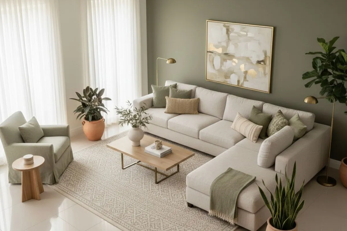 Ivory and olive green room. Nature-inspired modern two colour combinations with a large sectional and gold frames.