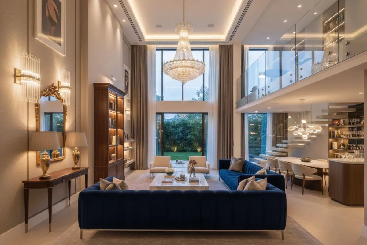 Luxury duplex house interior featuring a large crystal chandelier, blue velvet sofas, and a grand glass balcony.