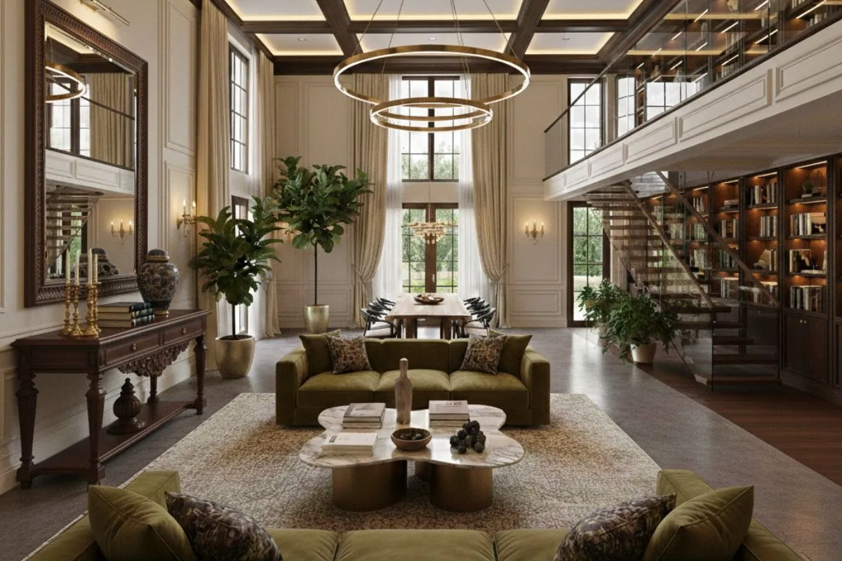 Elegant duplex house interior with olive sofas, gold ring lights, and a classic library wall for a rich feel.