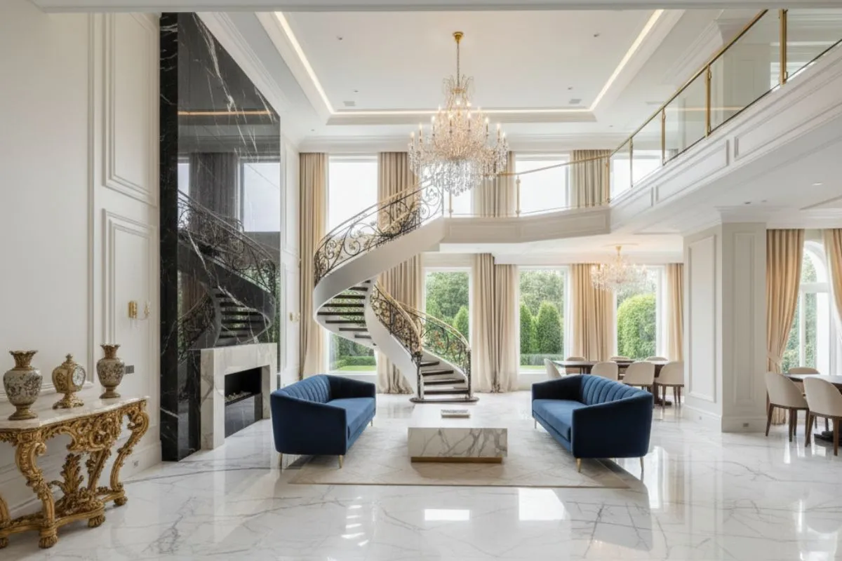 White marble duplex house interior with a grand spiral staircase, blue sofas, and gold decor for a royal look.