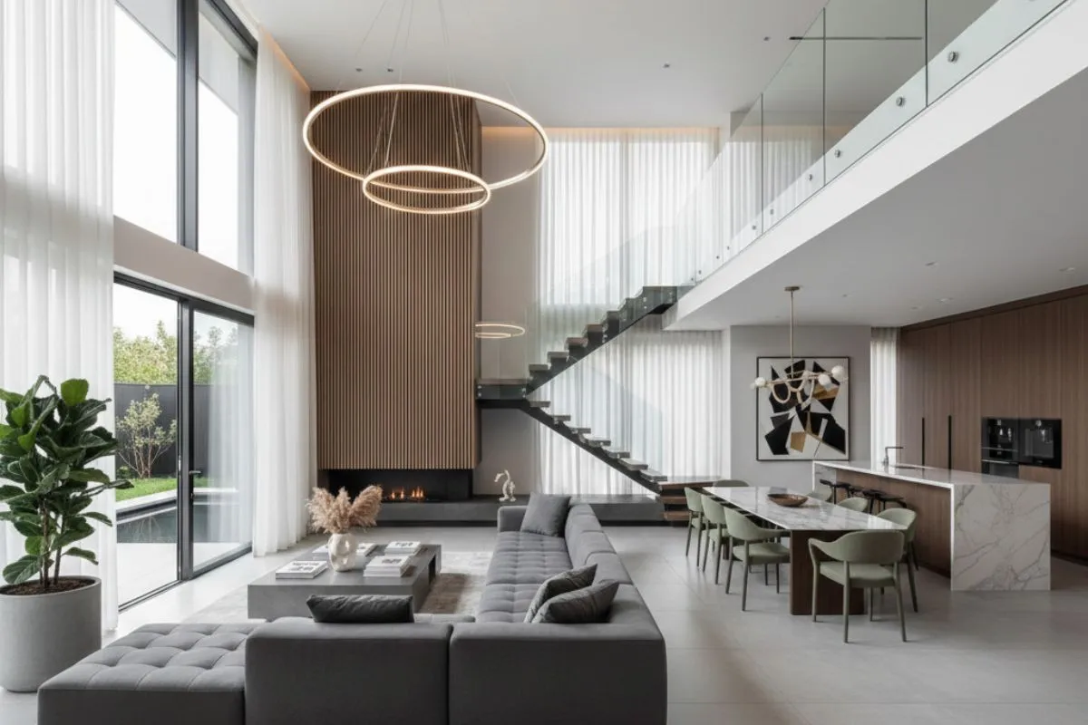 Sleek duplex house interior with a long grey sectional, minimalist stairs, and marble finishes in a bright room.