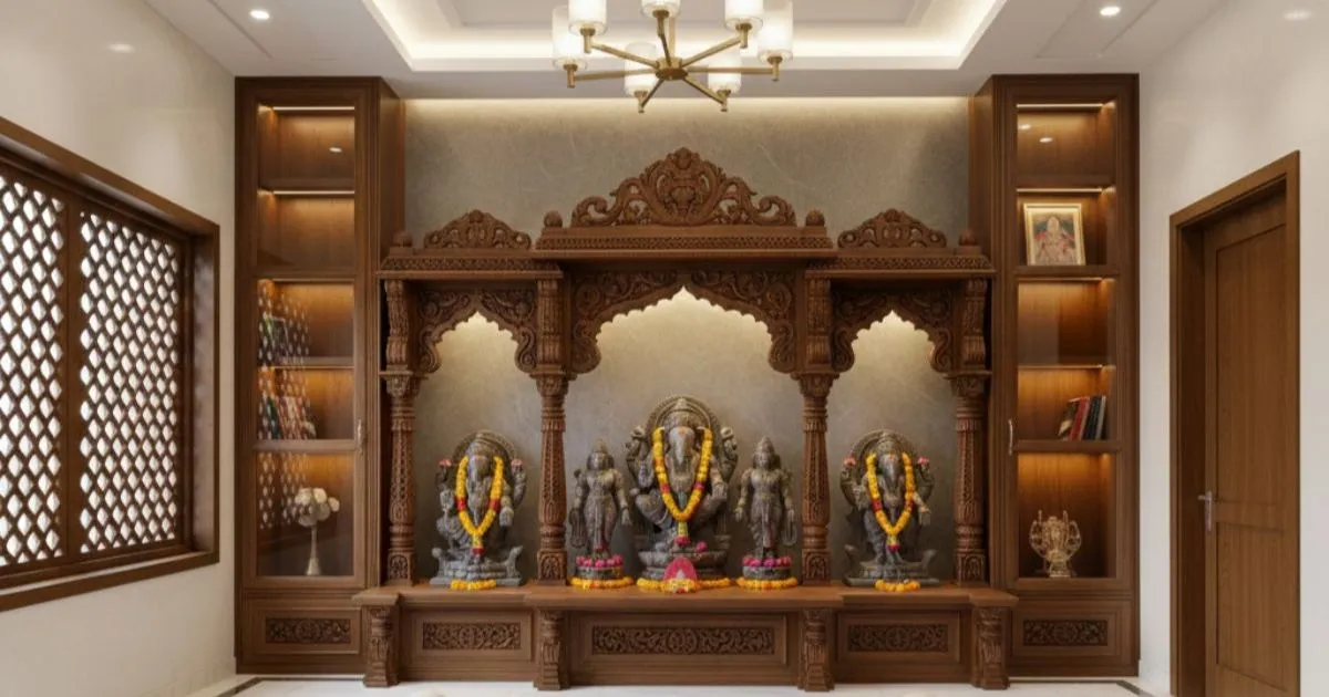 Modern Pooja Room Interior Design featuring a golden Ganesha idol, marble walls, and elegant lighting in a house.