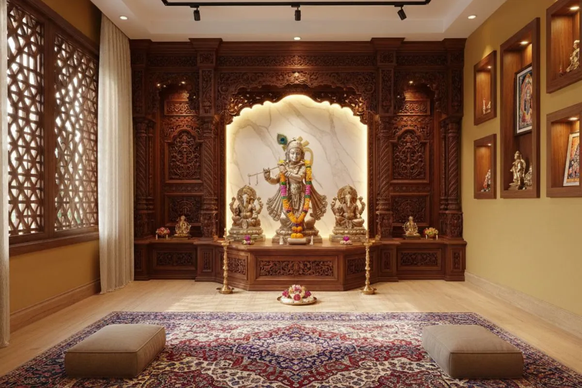 A beautiful Pooja Room Interior Design featuring a wooden mandir with a Krishna statue and traditional floor seating.
