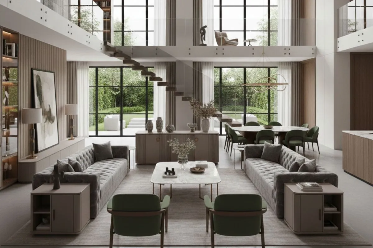 Spacious duplex house interior with grey tufted sofas, green chairs, and large windows facing a beautiful garden.